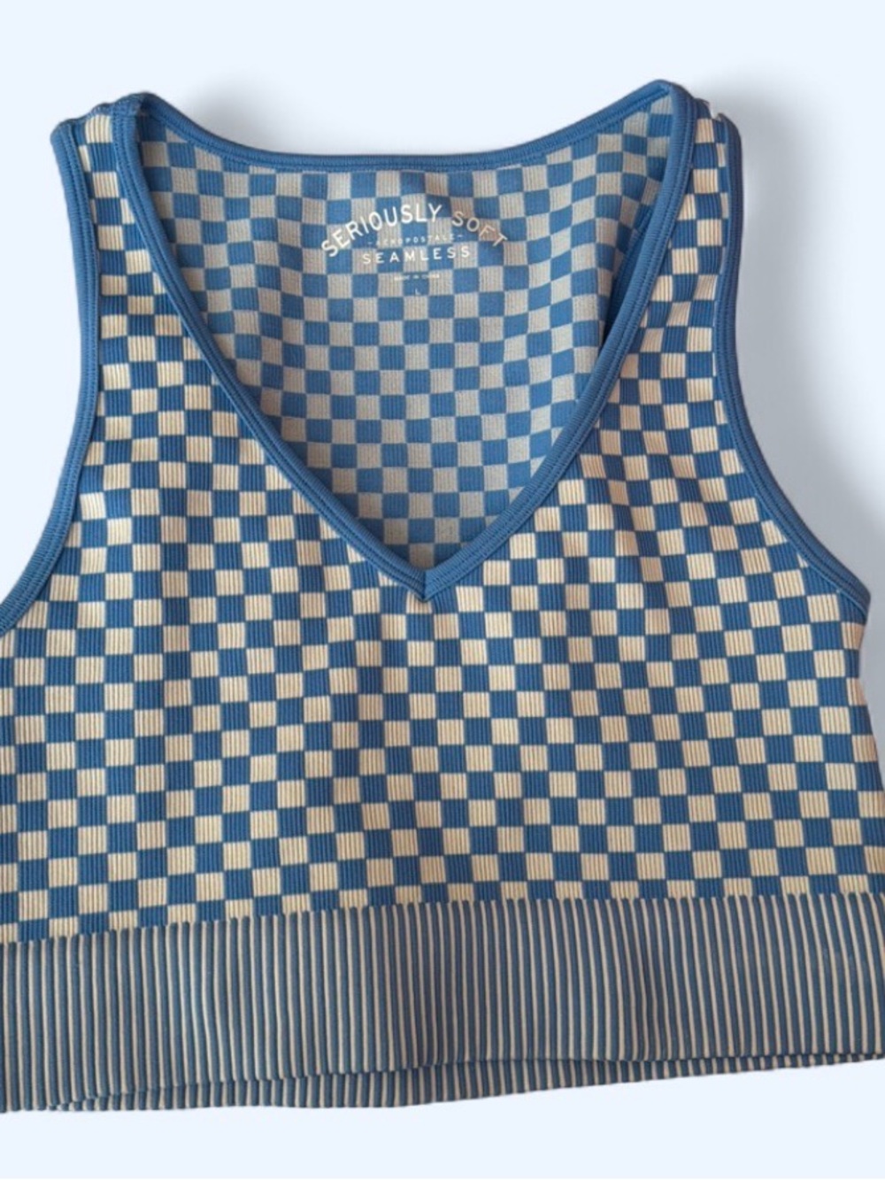 NEW Seriously Seamless Aeropostale Blue Checkered Pattern V-Neck Crop Tank Top